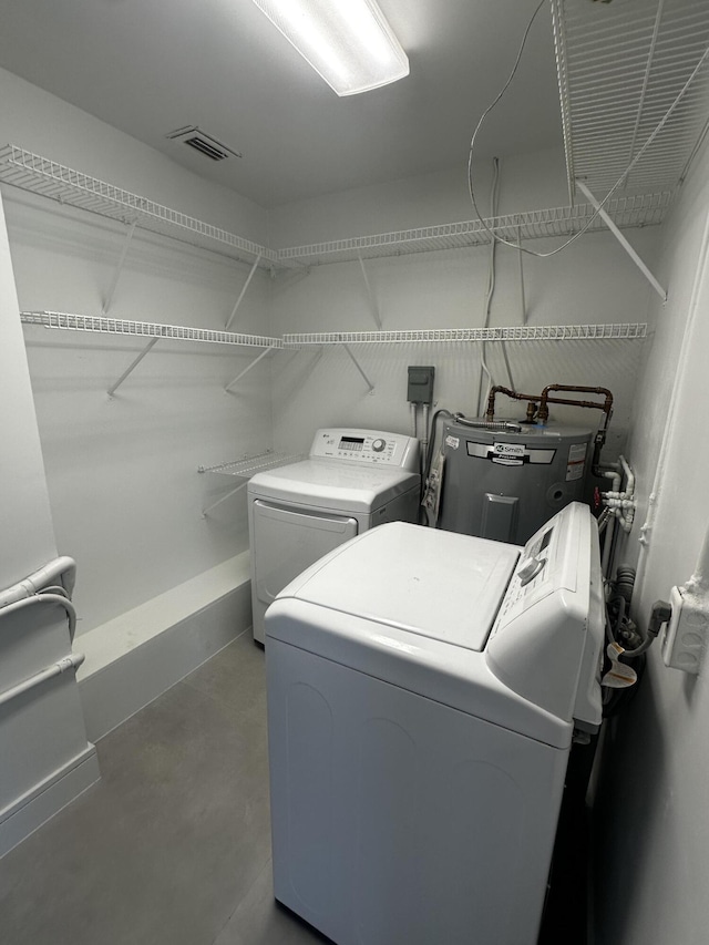 790 Sarazen Dr, West Palm Beach, FL 33413 - washroom featuring electric water heater and washing machine and clothes dryer