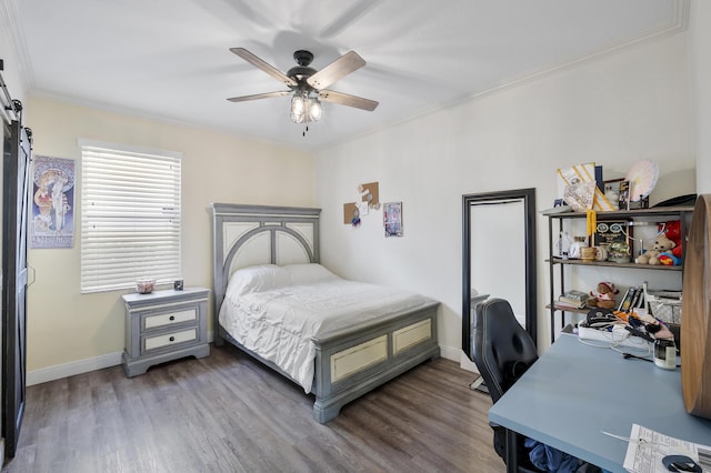 12358 Saint Simon Dr, Boca Raton, FL 33428 - bedroom with crown molding, wood finished floors, an office area, a barn door, and ceiling fan
