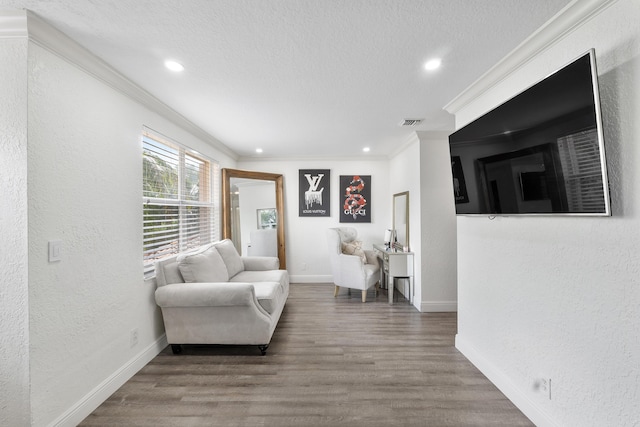 12358 Saint Simon Dr, Boca Raton, FL 33428 - living room featuring ornamental molding, recessed lighting, a textured ceiling, wood finished floors, and a textured wall