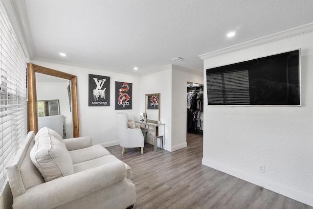 12358 Saint Simon Dr, Boca Raton, FL 33428 - living room featuring ornamental molding, wood finished floors, recessed lighting, and a desk