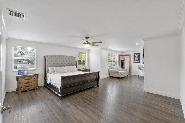 12358 Saint Simon Dr, Boca Raton, FL 33428 - bedroom featuring ornamental molding, multiple windows, wood finished floors, a ceiling fan, and recessed lighting