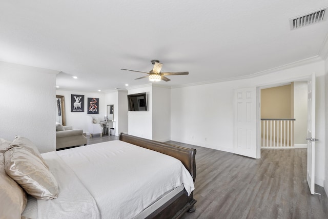 12358 Saint Simon Dr, Boca Raton, FL 33428 - bedroom with wood finished floors, crown molding, recessed lighting, and a ceiling fan