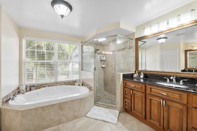 12358 Saint Simon Dr, Boca Raton, FL 33428 - bathroom featuring a bath, vanity, a stall shower, and tile patterned flooring