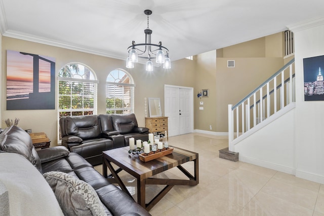12358 Saint Simon Dr, Boca Raton, FL 33428 - living room with crown molding, a chandelier, light tile patterned floors, and stairs