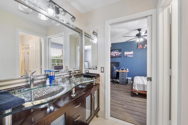 12358 Saint Simon Dr, Boca Raton, FL 33428 - bathroom featuring ceiling fan, double vanity, tile patterned flooring, and connected bathroom