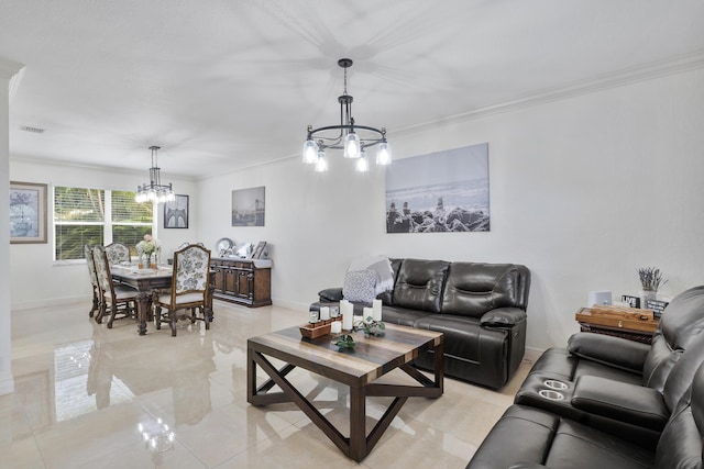 12358 Saint Simon Dr, Boca Raton, FL 33428 - living room with a chandelier, ornamental molding, and light tile patterned floors