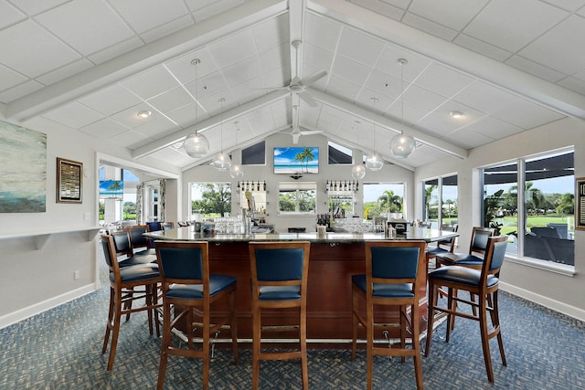 3824 SE Fairway E, Stuart, FL 34997 - bar area with dark carpet, ceiling fan, and decorative light fixtures