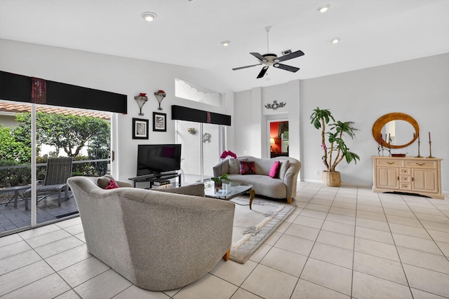6679 Sherbrook Dr, Boynton Beach, FL 33437 - living room with light tile patterned flooring, a ceiling fan, and recessed lighting