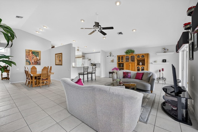6679 Sherbrook Dr, Boynton Beach, FL 33437 - living area with light tile patterned flooring, lofted ceiling, a ceiling fan, and recessed lighting