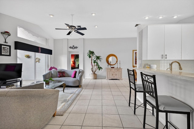 6679 Sherbrook Dr, Boynton Beach, FL 33437 - living area with a ceiling fan, light tile patterned floors, and lofted ceiling