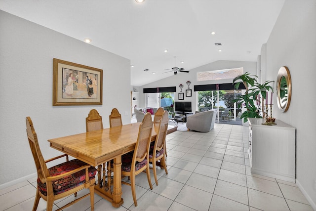 6679 Sherbrook Dr, Boynton Beach, FL 33437 - dining area with vaulted ceiling, light tile patterned flooring, ceiling fan, and recessed lighting