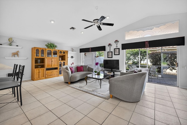 6679 Sherbrook Dr, Boynton Beach, FL 33437 - living area with lofted ceiling, light tile patterned floors, ceiling fan, and recessed lighting