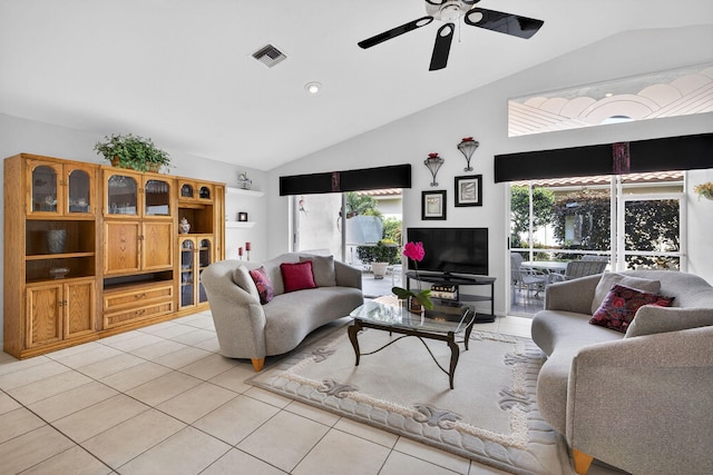 6679 Sherbrook Dr, Boynton Beach, FL 33437 - living area with lofted ceiling, light tile patterned floors, and ceiling fan