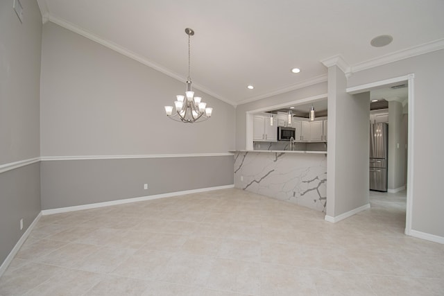 21734 San Simeon Cir, Boca Raton, FL 33433 - kitchen with appliances with stainless steel finishes, ornamental molding, light tile patterned floors, a chandelier, and recessed lighting