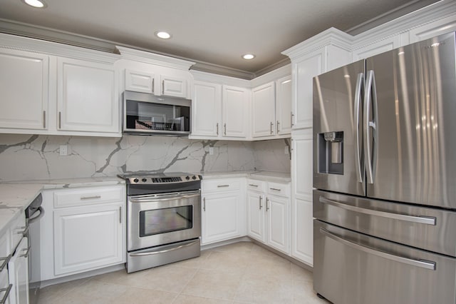 21734 San Simeon Cir, Boca Raton, FL 33433 - kitchen featuring stainless steel appliances, white cabinets, light tile patterned floors, tasteful backsplash, and recessed lighting