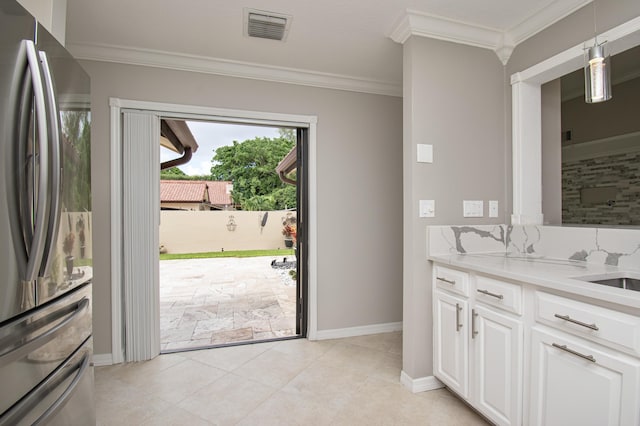 21734 San Simeon Cir, Boca Raton, FL 33433 - bathroom with vanity, ornamental molding, and tile patterned floors
