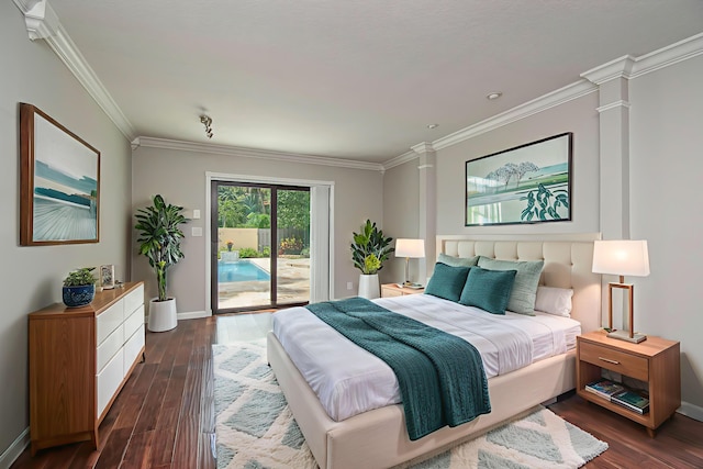 21734 San Simeon Cir, Boca Raton, FL 33433 - bedroom with access to outside, ornate columns, crown molding, and dark wood-style floors