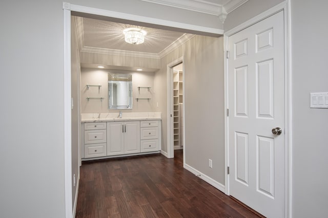 21734 San Simeon Cir, Boca Raton, FL 33433 - bathroom featuring vanity, wood finished floors, a spacious closet, and ornamental molding