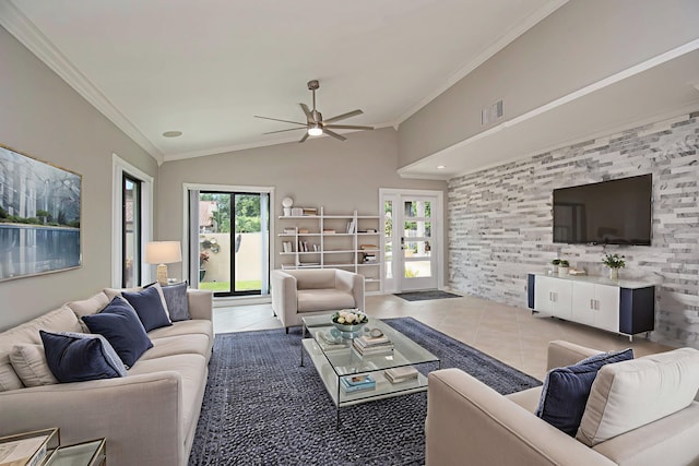 21734 San Simeon Cir, Boca Raton, FL 33433 - living area with light tile patterned floors, a ceiling fan, plenty of natural light, lofted ceiling, and crown molding