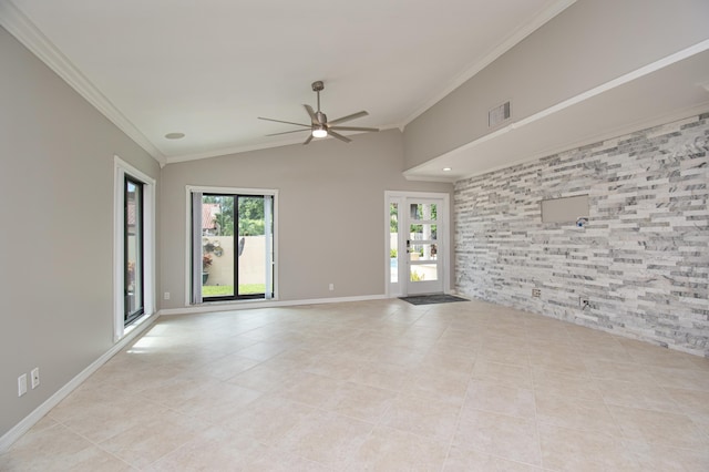 21734 San Simeon Cir, Boca Raton, FL 33433 - spare room with light tile patterned floors, ceiling fan, plenty of natural light, vaulted ceiling, and ornamental molding