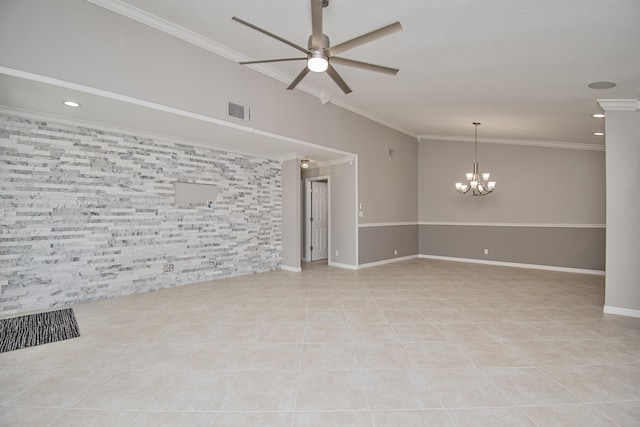 21734 San Simeon Cir, Boca Raton, FL 33433 - unfurnished living room with a ceiling fan, crown molding, an accent wall, light tile patterned floors, and a chandelier