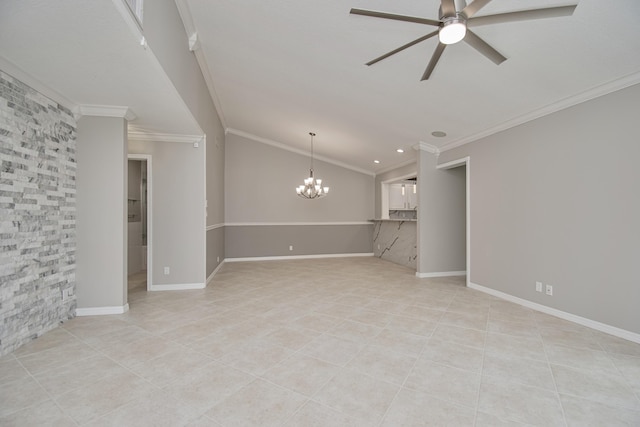 21734 San Simeon Cir, Boca Raton, FL 33433 - unfurnished living room featuring ceiling fan, ornamental molding, a chandelier, light tile patterned floors, and recessed lighting