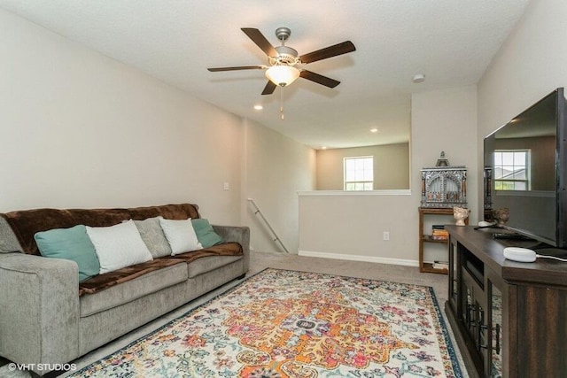 5126 Dandelion St, Apollo Beach, FL 33572 - living area featuring a ceiling fan, carpet floors, and recessed lighting