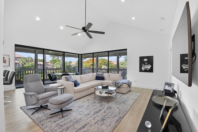 19349 Sabal Lake Dr Unit 5046, Boca Raton, FL 33434 - living area with high vaulted ceiling, recessed lighting, a ceiling fan, and light wood-style flooring