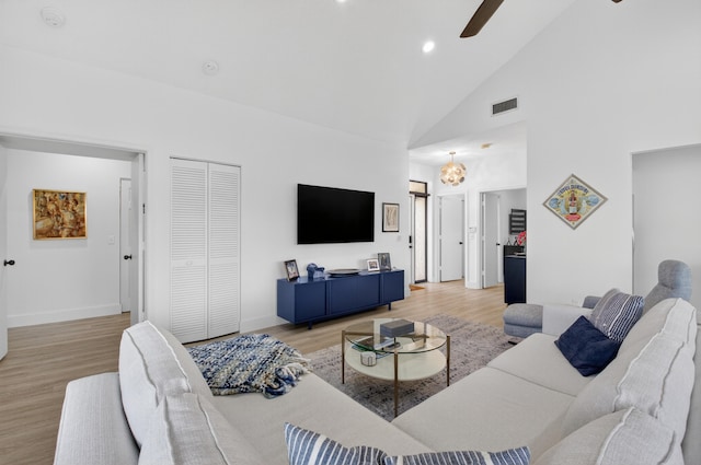 19349 Sabal Lake Dr Unit 5046, Boca Raton, FL 33434 - living room with ceiling fan, wood finished floors, high vaulted ceiling, a chandelier, and recessed lighting