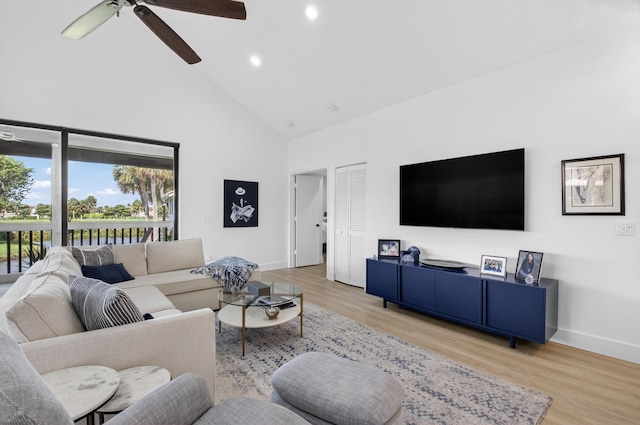 19349 Sabal Lake Dr Unit 5046, Boca Raton, FL 33434 - living area featuring high vaulted ceiling, ceiling fan, wood finished floors, and recessed lighting