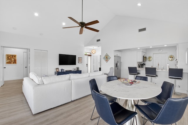 19349 Sabal Lake Dr Unit 5046, Boca Raton, FL 33434 - dining room with ceiling fan, light wood finished floors, recessed lighting, and high vaulted ceiling