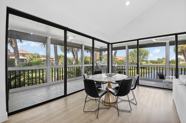 19349 Sabal Lake Dr Unit 5046, Boca Raton, FL 33434 - sunroom featuring wood finished floors, a deck with water view, recessed lighting, and high vaulted ceiling