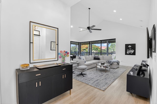 19349 Sabal Lake Dr Unit 5046, Boca Raton, FL 33434 - living area with high vaulted ceiling, light wood-type flooring, a ceiling fan, and recessed lighting