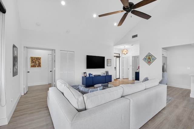 19349 Sabal Lake Dr Unit 5046, Boca Raton, FL 33434 - living room featuring high vaulted ceiling, a ceiling fan, light wood finished floors, and recessed lighting