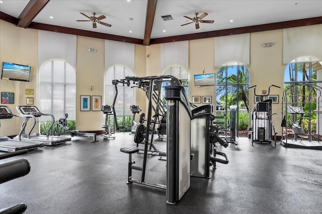 9222 Delemar Ct, Wellington, FL 33414 - gym with a ceiling fan, beam ceiling, healthy amount of natural light, and recessed lighting