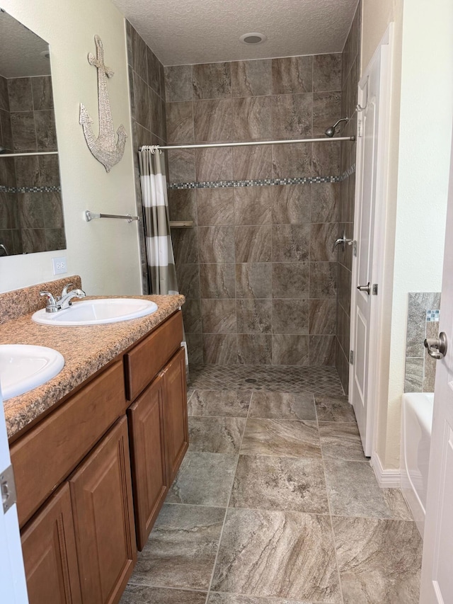 2313 SW Neal Rd, Port Saint Lucie, FL 34953 - bathroom with tiled shower, double vanity, a textured ceiling, and a bathtub