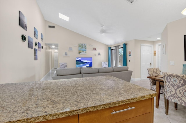 9927 Boca Gardens Trl Unit A, Boca Raton, FL 33496 - living area featuring ceiling fan, light tile patterned floors, and vaulted ceiling