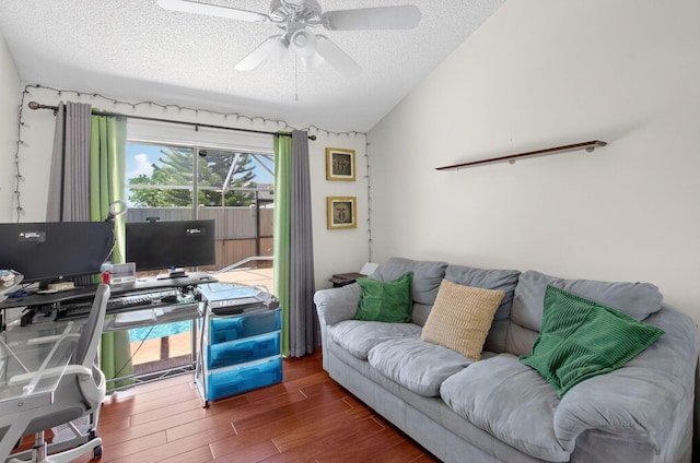 9927 Boca Gardens Trl Unit A, Boca Raton, FL 33496 - home office with wood finished floors, a textured ceiling, vaulted ceiling, and ceiling fan
