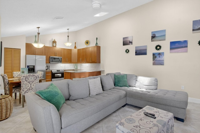 9927 Boca Gardens Trl Unit A, Boca Raton, FL 33496 - living area with lofted ceiling and light tile patterned flooring