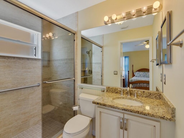 374 NW Sherry Ln, Port Saint Lucie, FL 34986 - ensuite bathroom with ceiling fan, vanity, a stall shower, and plenty of natural light