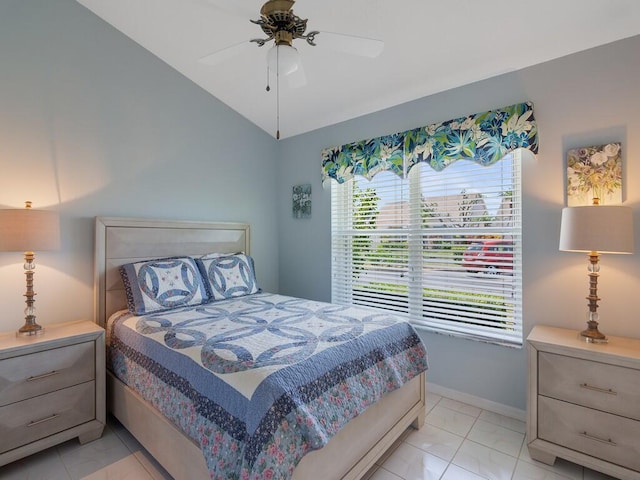 374 NW Sherry Ln, Port Saint Lucie, FL 34986 - bedroom with light marble finish floors, lofted ceiling, and ceiling fan
