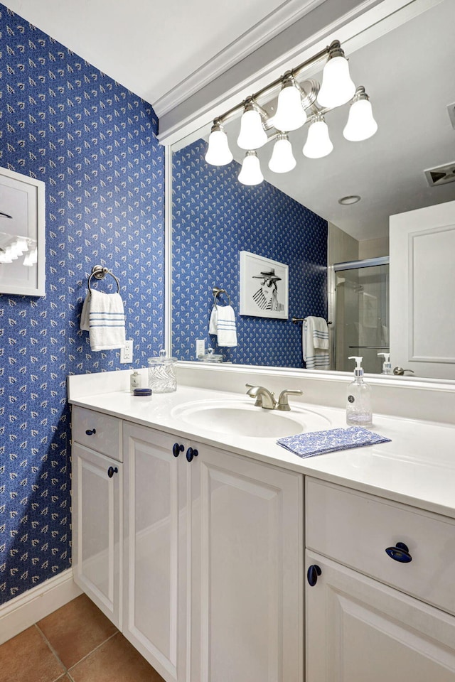 6890 Willow Wood Dr Unit 206, Boca Raton, FL 33434 - full bath featuring tile patterned flooring, vanity, an enclosed shower, and wallpapered walls