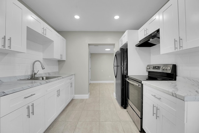 306 N N 28th St, Fort Pierce, FL 34947 - kitchen featuring stainless steel electric range oven, under cabinet range hood, backsplash, recessed lighting, and white cabinets