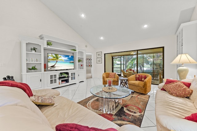 11265 Bannock Ave Unit 5, Boynton Beach, FL 33437 - living room featuring light tile patterned floors, recessed lighting, and high vaulted ceiling