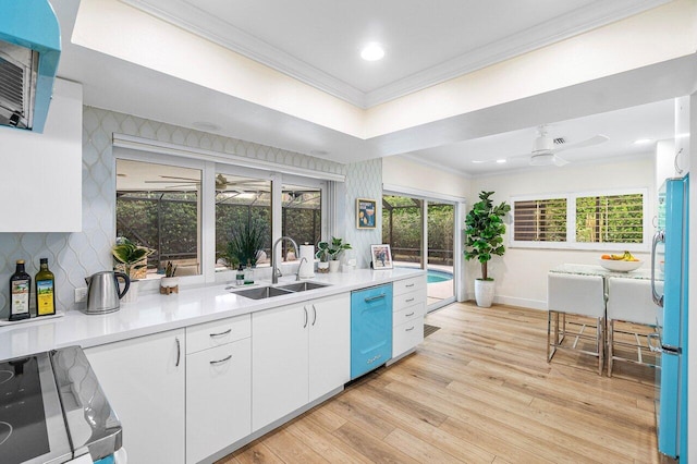 881 Elderberry Way, Boca Raton, FL 33486 - kitchen featuring dishwashing machine, crown molding, a ceiling fan, light wood-style flooring, and white cabinets