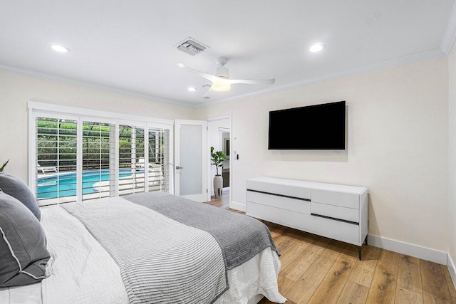 881 Elderberry Way, Boca Raton, FL 33486 - bedroom with access to exterior, crown molding, light wood-style floors, recessed lighting, and a ceiling fan