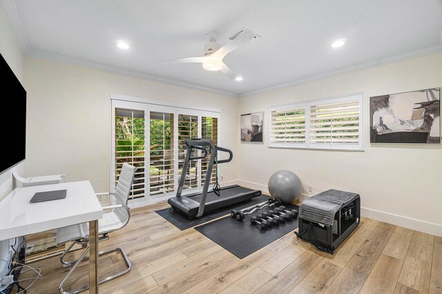 881 Elderberry Way, Boca Raton, FL 33486 - workout area featuring ornamental molding, ceiling fan, light wood-style flooring, and recessed lighting