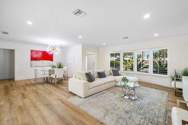 881 Elderberry Way, Boca Raton, FL 33486 - living room featuring crown molding, wood finished floors, a chandelier, and recessed lighting