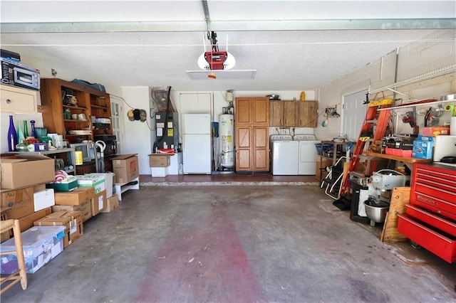 2582 Longwood Blvd, Melbourne, FL 32934 - garage featuring gas water heater, washer and clothes dryer, freestanding refrigerator, a garage door opener, and heating unit