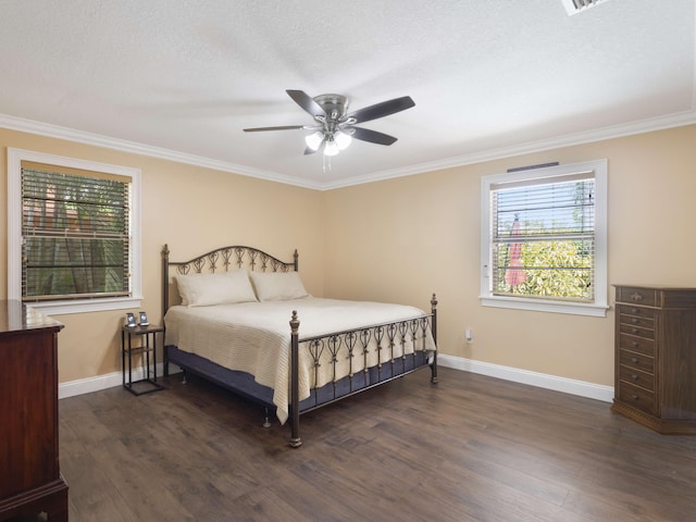 1155 Woodcrest Rd W, West Palm Beach, FL 33417 - bedroom featuring dark wood-style floors, ornamental molding, ceiling fan, and a textured ceiling